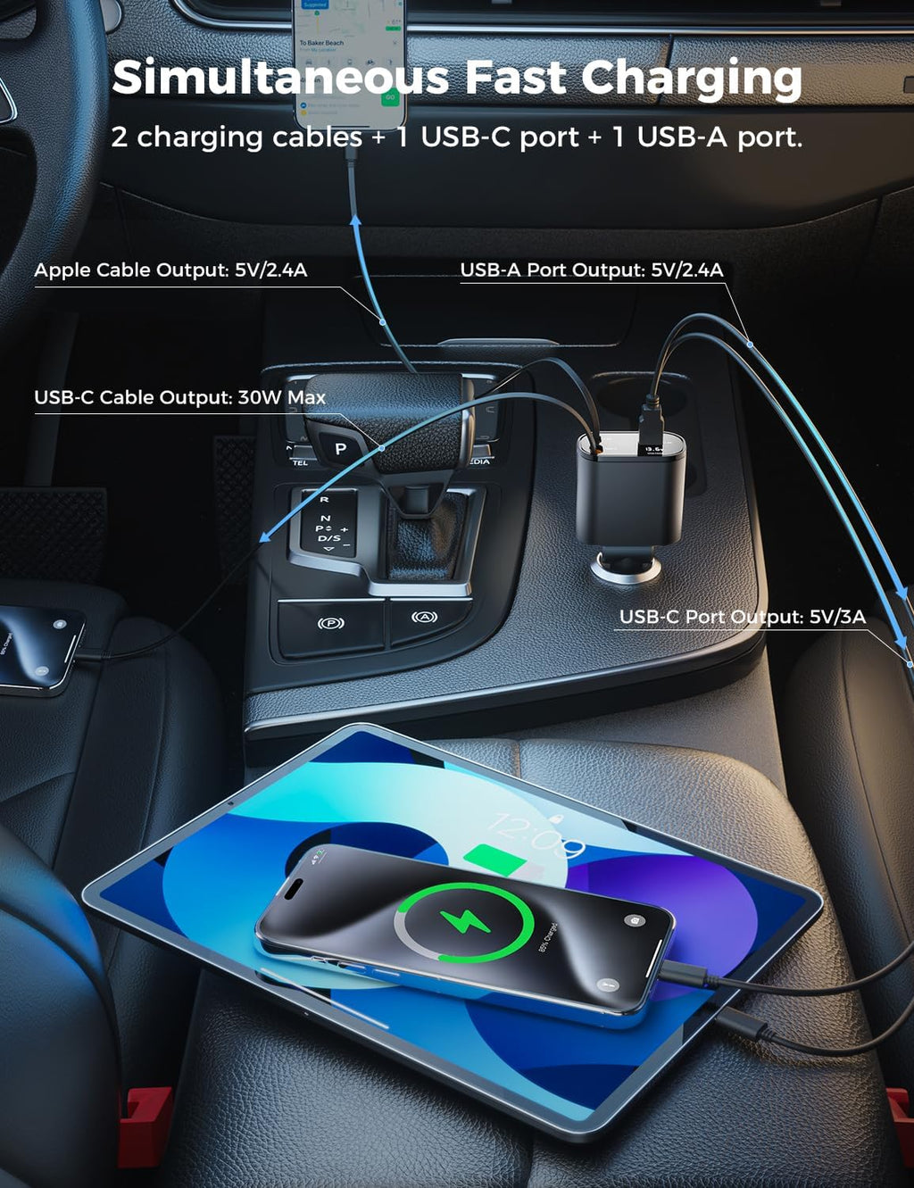 [Upgraded]  Retractable Car Charger 4 in 1 Fast Phone Charger