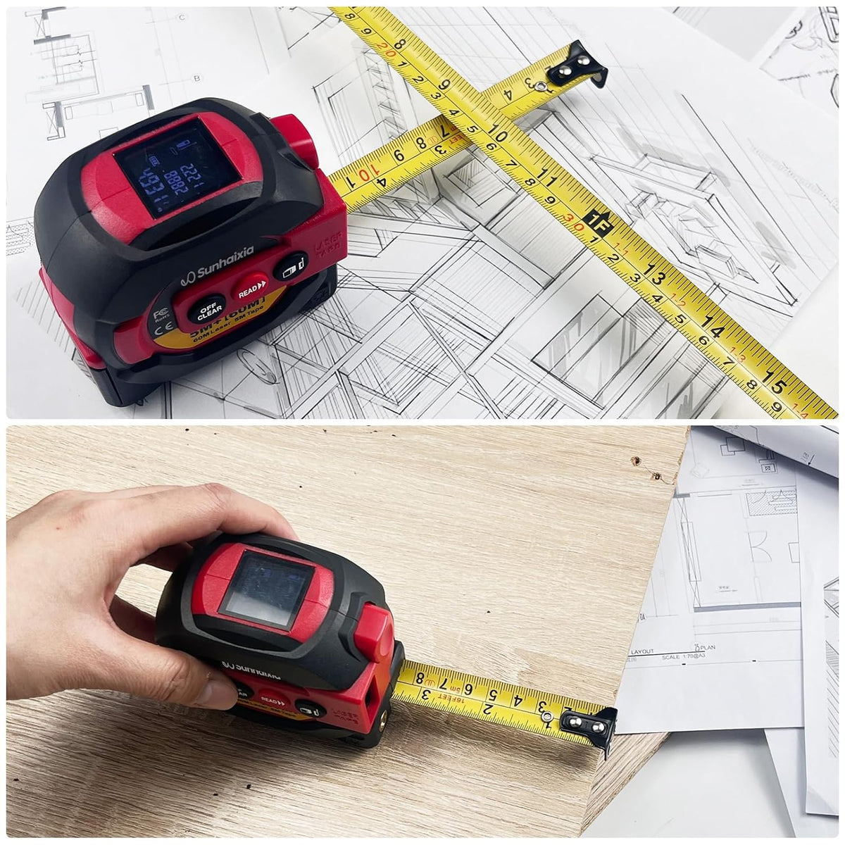 Laser Tape Measure 3 in 1 with Laser Level Crosshairs |196Ft/60M LCD