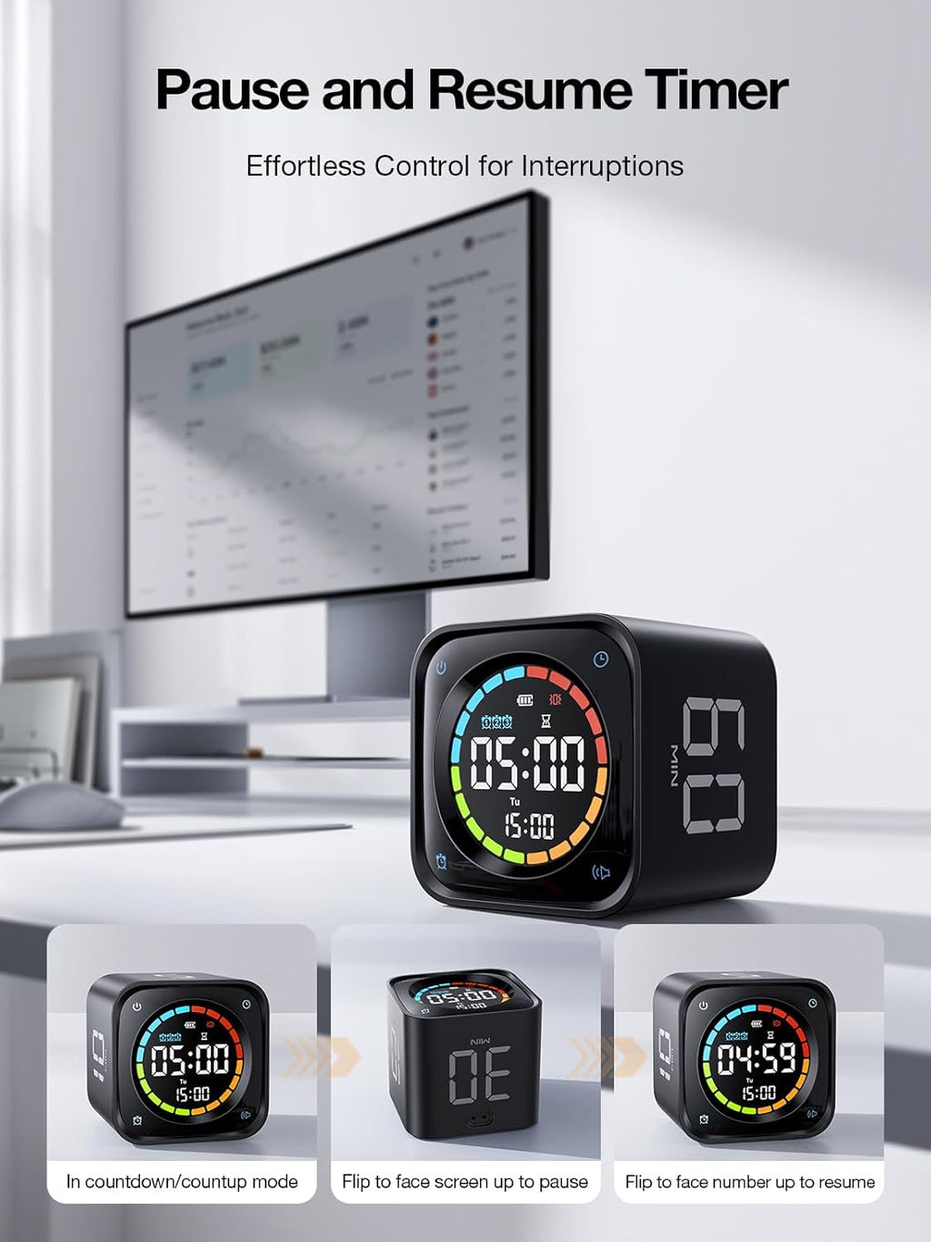 TK3 Pomodoro Timer Cube, Desk Productivity Timer with 5/10/30/60 Min Presets, Custom Countdown, Stopwatch, Clock, 3 Alarm, Silent, Vibrate & Sound Alert, for Task, ADHD, Study, Kitchen, Black
