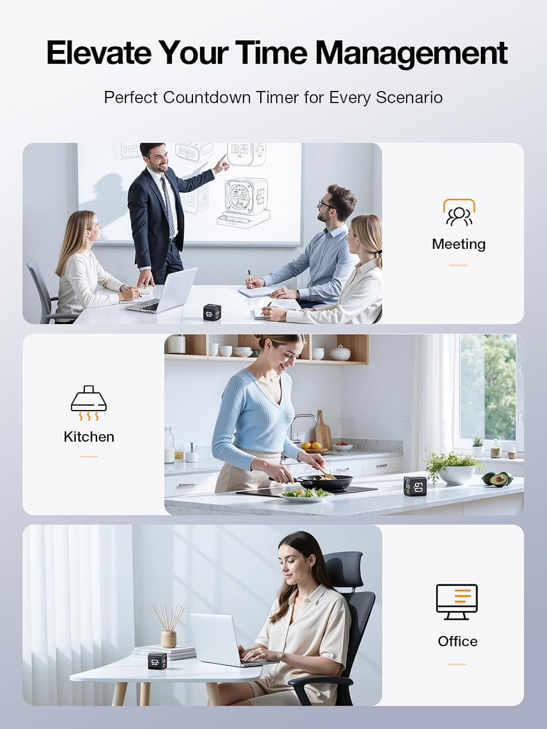 TK3 Pomodoro Timer Cube, Desk Productivity Timer with 5/10/30/60 Min Presets, Custom Countdown, Stopwatch, Clock, 3 Alarm, Silent, Vibrate & Sound Alert, for Task, ADHD, Study, Kitchen, Black