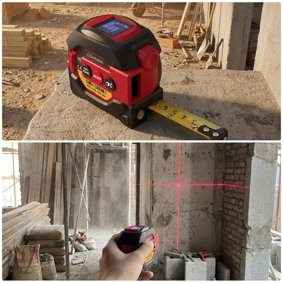 Laser Tape Measure 3 in 1 with Laser Level Crosshairs |196Ft/60M LCD