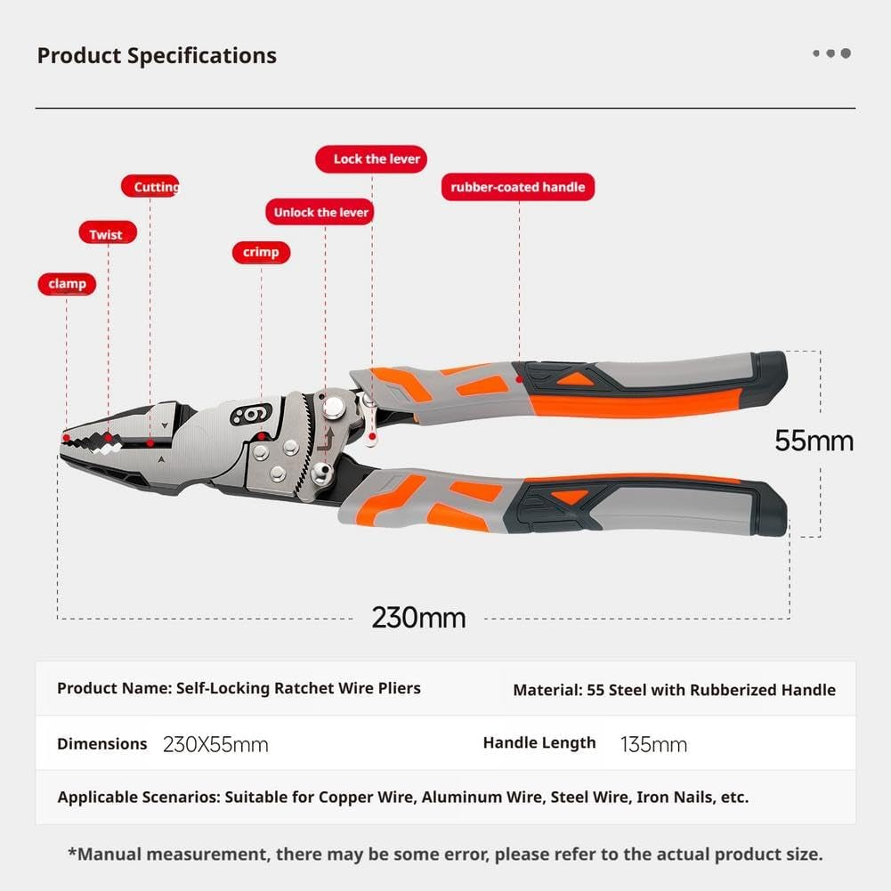 9'' Grip Pliers with Ratchet Self-Locking, Ratcheting Locking Pliers