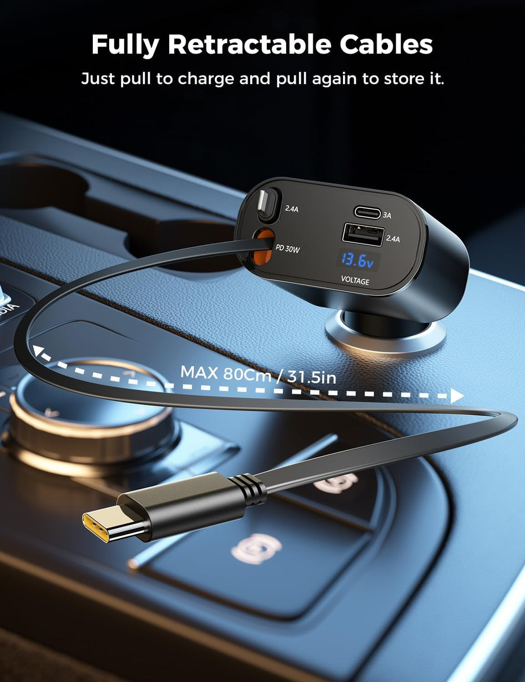 [Upgraded]  Retractable Car Charger 4 in 1 Fast Phone Charger