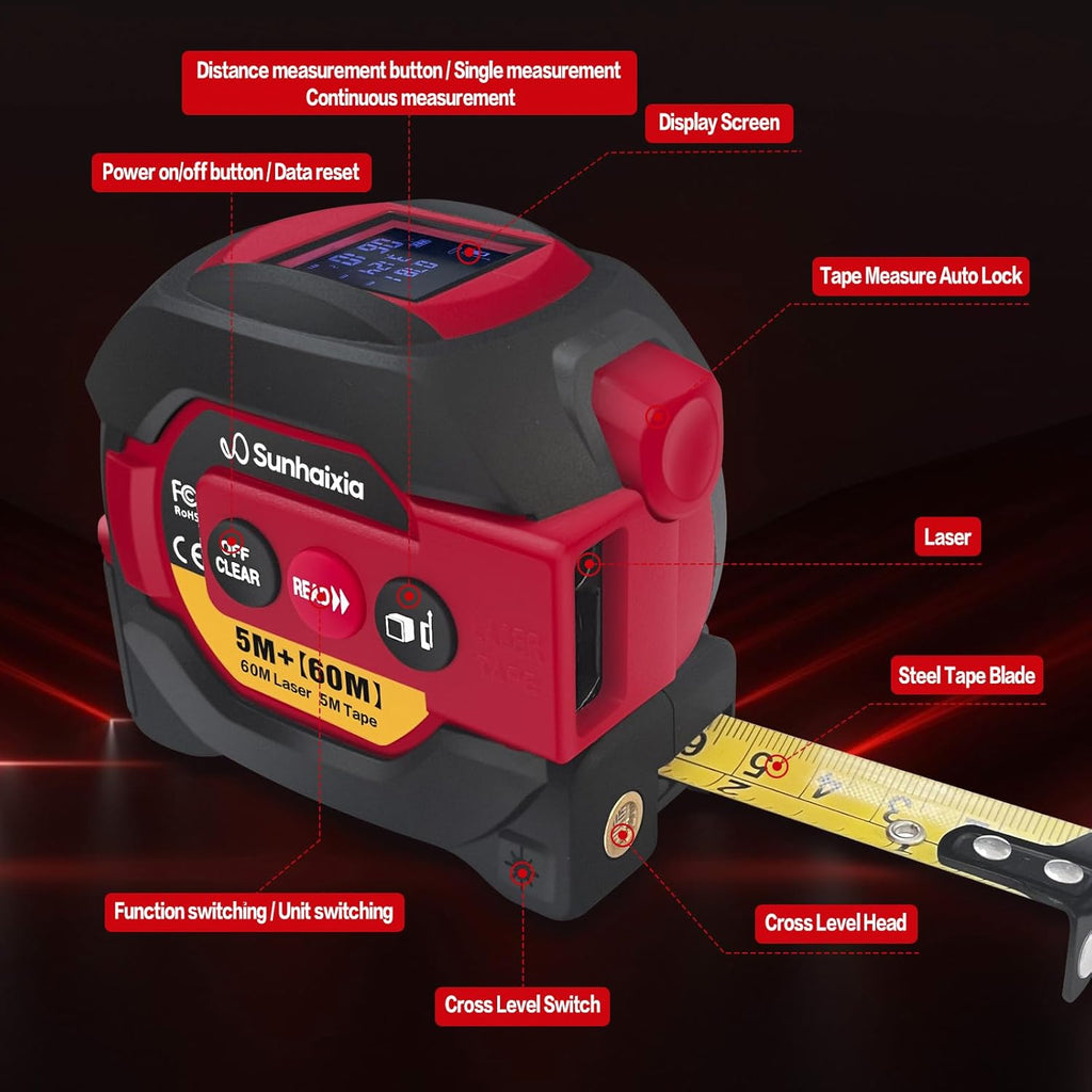Laser Tape Measure 3 in 1 with Laser Level Crosshairs |196Ft/60M LCD