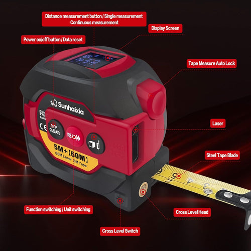 Laser Tape Measure 3 in 1 with Laser Level Crosshairs |196Ft/60M LCD