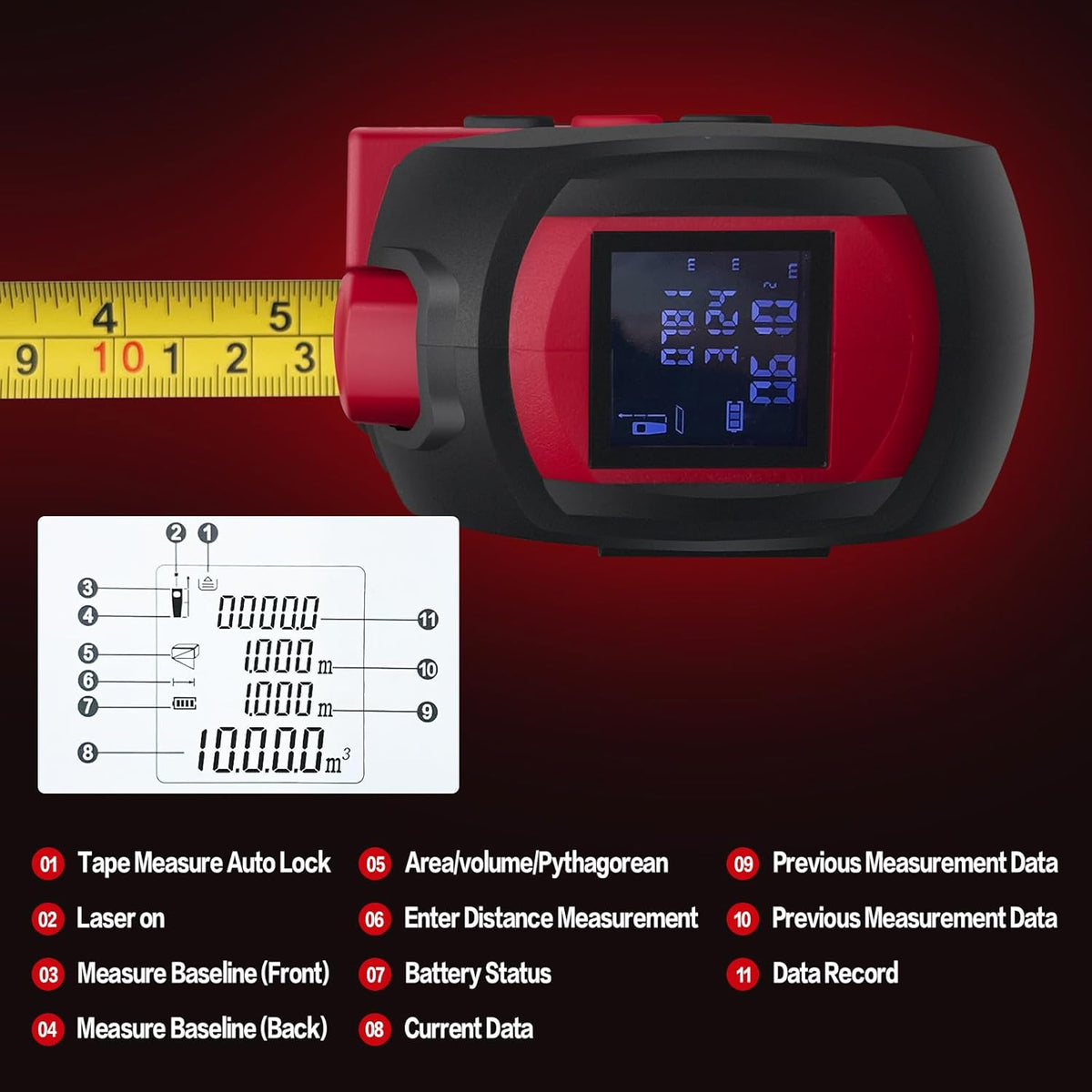 Laser Tape Measure 3 in 1 with Laser Level Crosshairs |196Ft/60M LCD