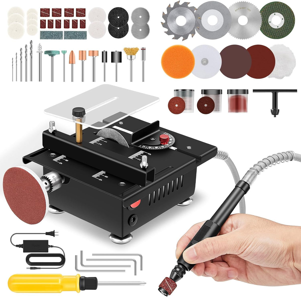 Mini Table Saw,7 Levels Speeds&Angle Adjustable With160+ Accessories
