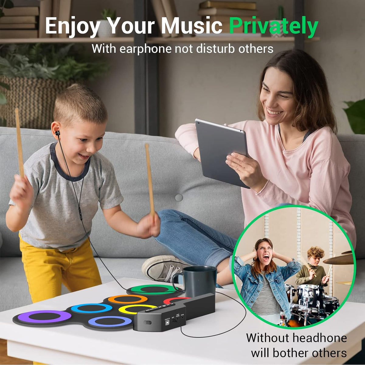Electric Drum Set, 7-Pad Kids Electronic Drum Set with Headphone Included, Roll-Up Drum Practice Pad, Great Holiday Xmas Birthday Gift for Kids