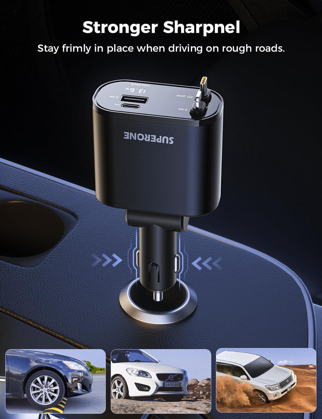 [Upgraded]  Retractable Car Charger 4 in 1 Fast Phone Charger