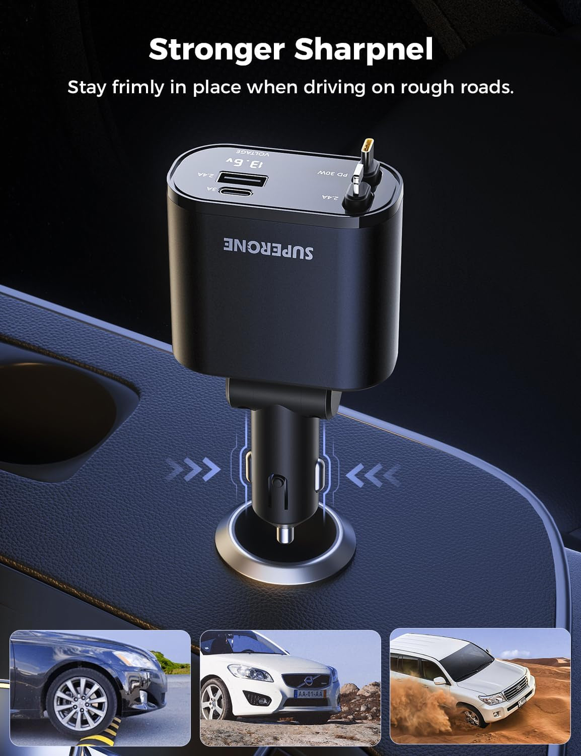 [Upgraded]  Retractable Car Charger 4 in 1 Fast Phone Charger